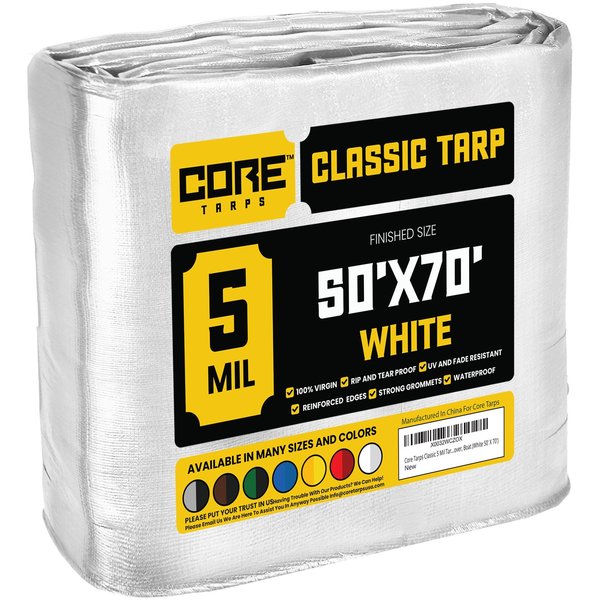 Core Tarps 70 ft L x 0.5 mm H x 50 ft W 5 Mil Tarp, White, Polyethylene CT-504-50X70